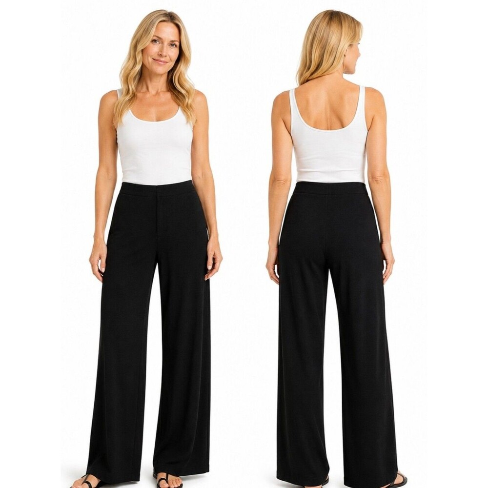 Eileen Fisher Italian Fabric Wide Leg Knit Pants Petite Women Black PS Pull-On
